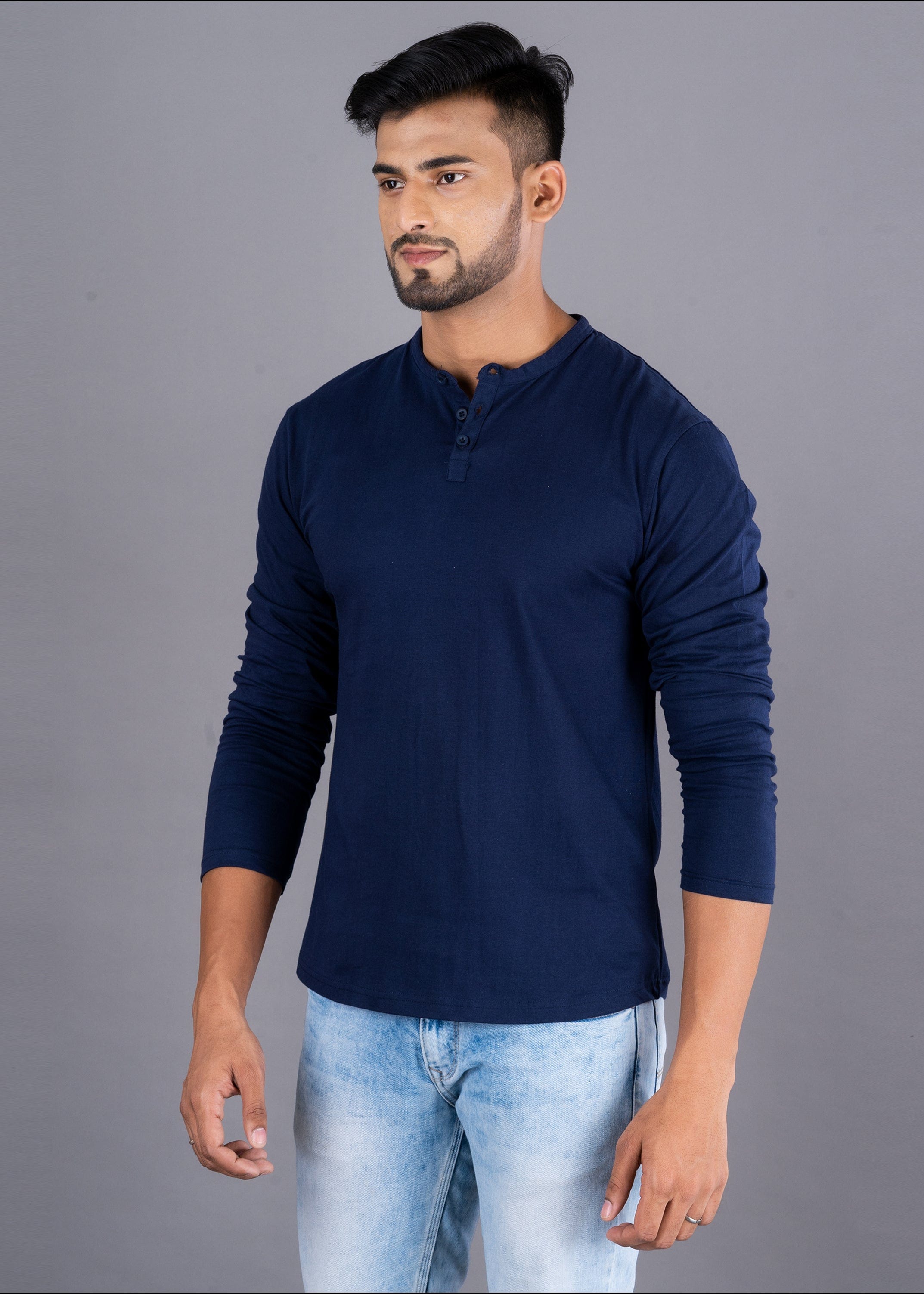 Solid Full Sleeve Premium Cotton Henley T-shirt For Men - Navy Blue