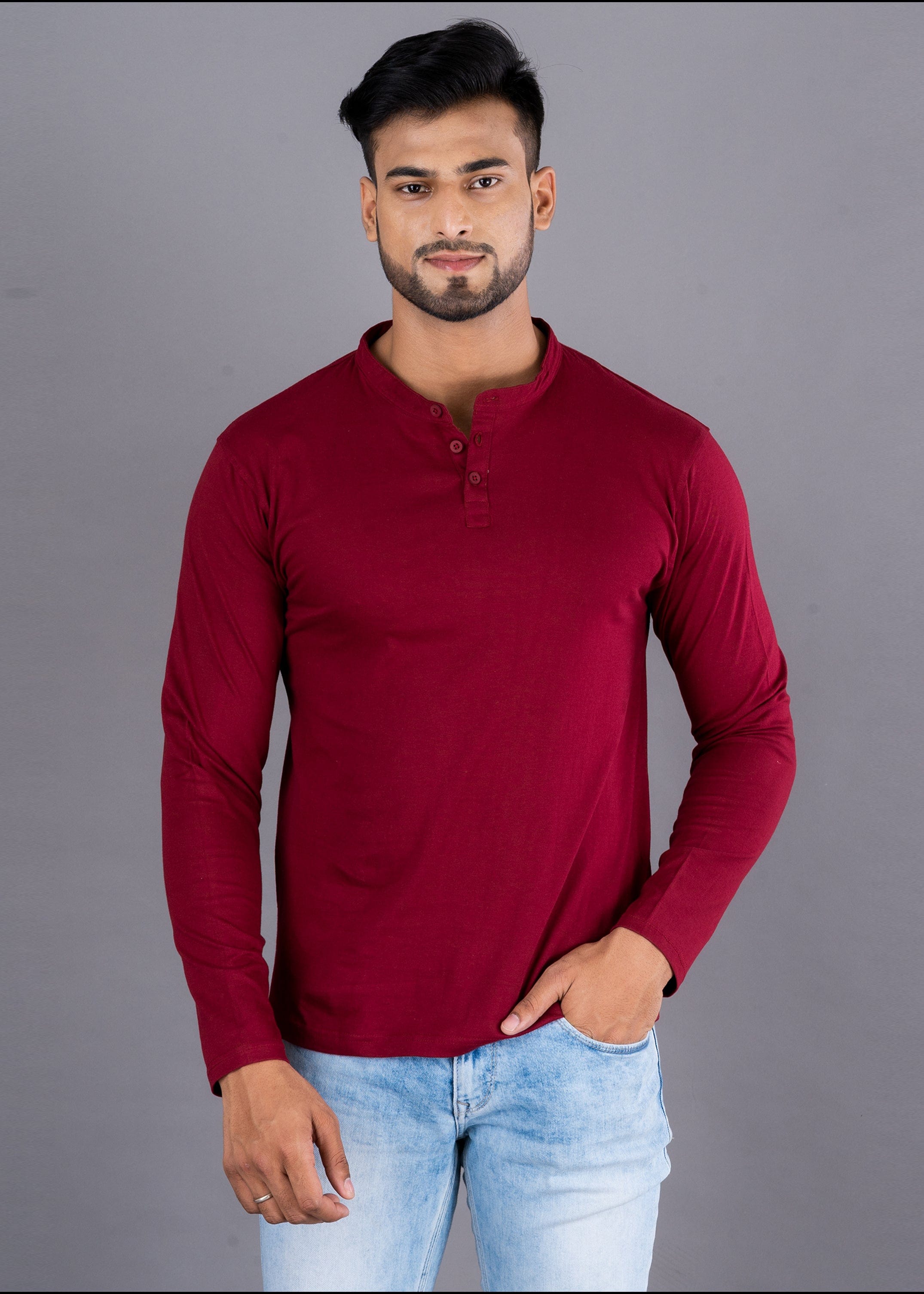 Solid Full Sleeve Premium Cotton Henley T-shirt For Men - Maroon