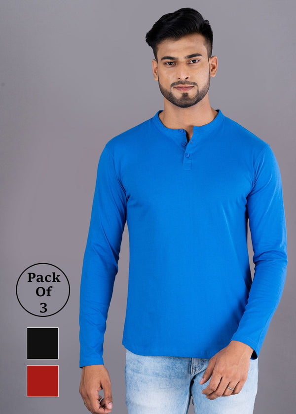Solid Full Sleeve Premium Cotton Henley T-shirt For Men - Pack Of 3