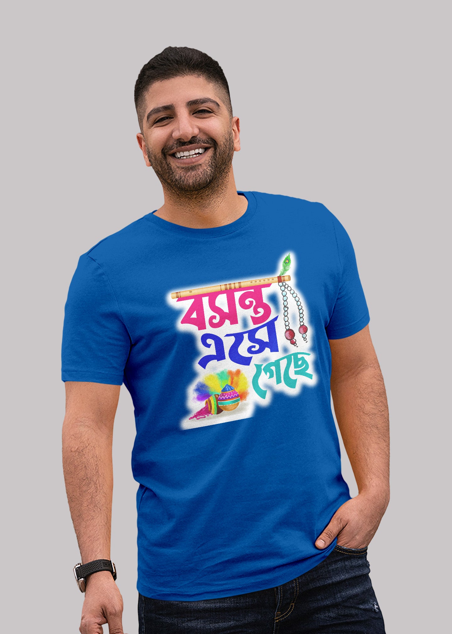 Basanta Ese Gache bengali Printed Half Sleeve Premium Cotton T-shirt For Men