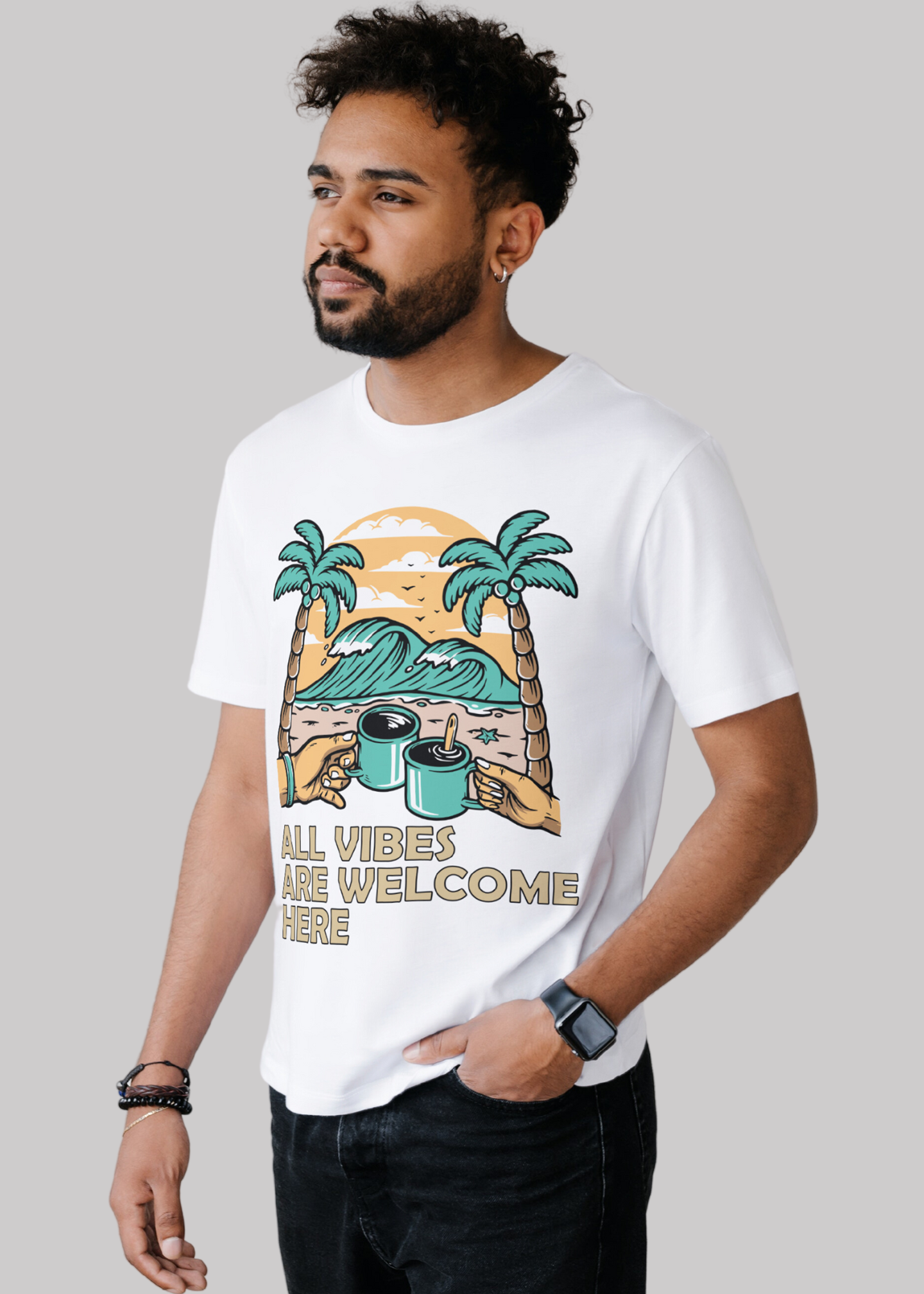 All vibes are welcome here Printed Half Sleeve Premium Cotton T-shirt For Men