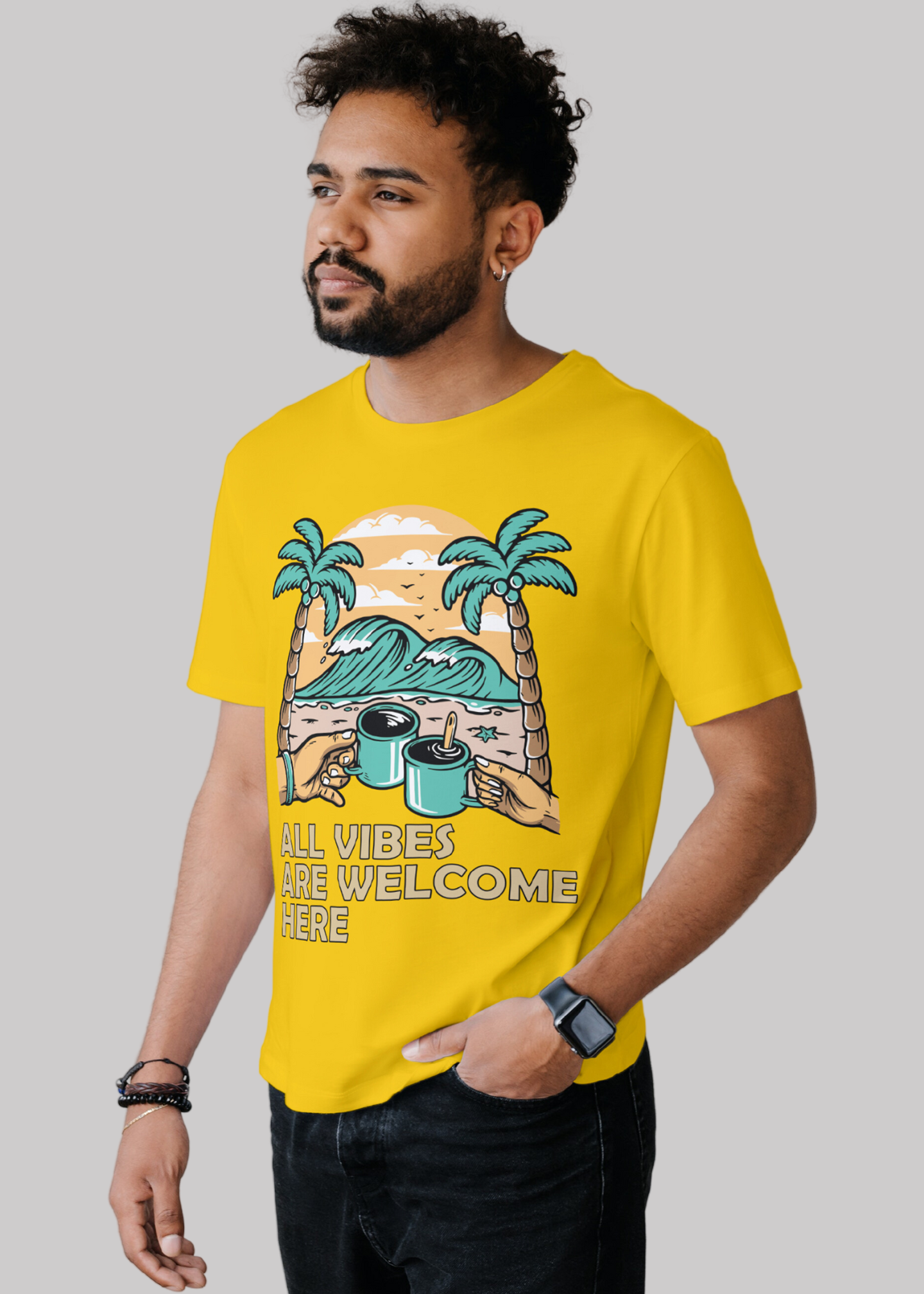 All vibes are welcome here Printed Half Sleeve Premium Cotton T-shirt For Men