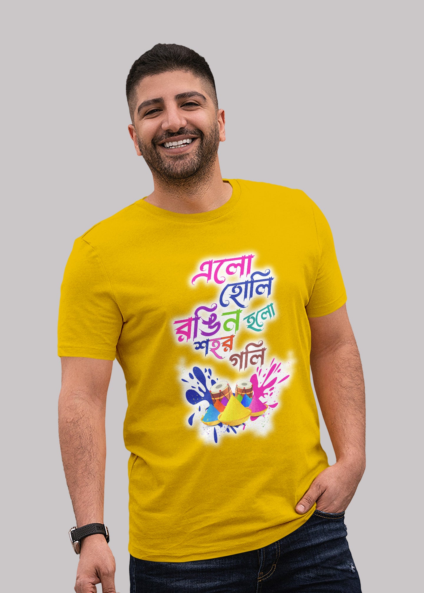 Elo holi rongin holo sohor goli bengali Printed Half Sleeve Premium Cotton T-shirt For Men