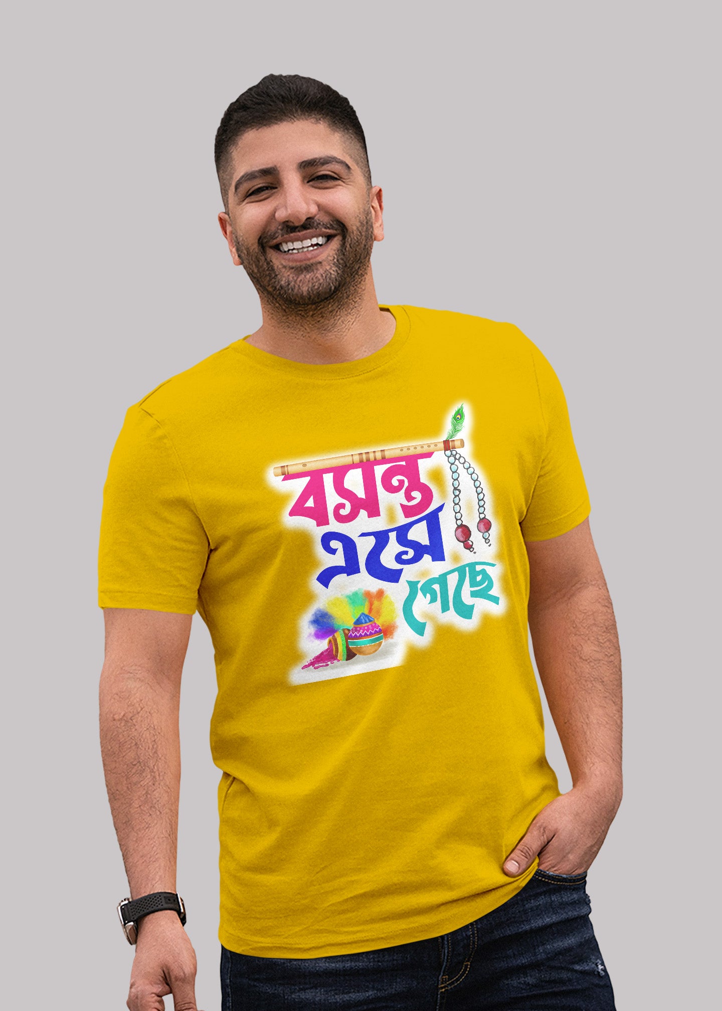 Basanta Ese Gache bengali Printed Half Sleeve Premium Cotton T-shirt For Men