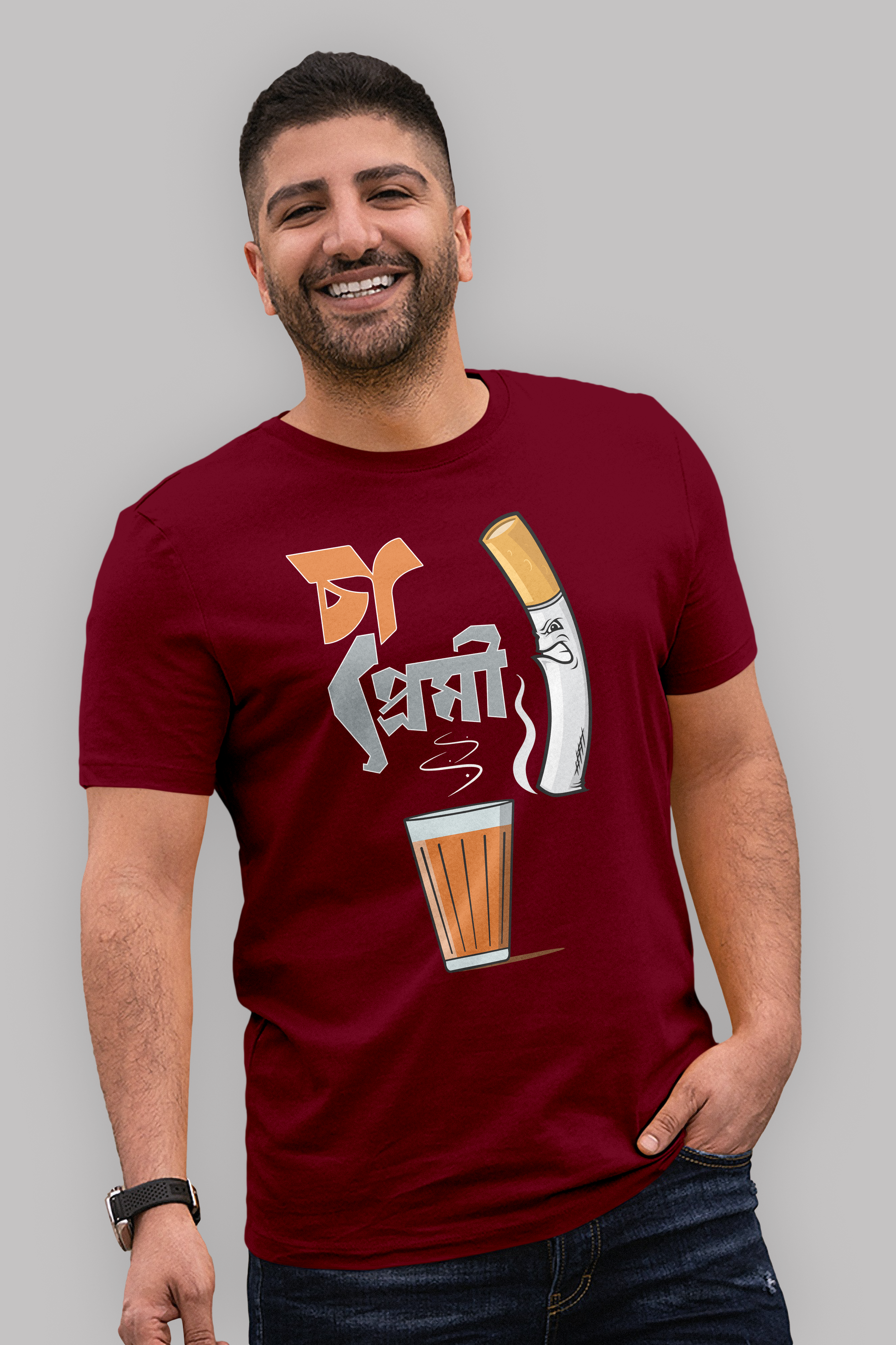 Tea lover bengali caligraphy Printed Half Sleeve Premium Cotton T-shirt For Men