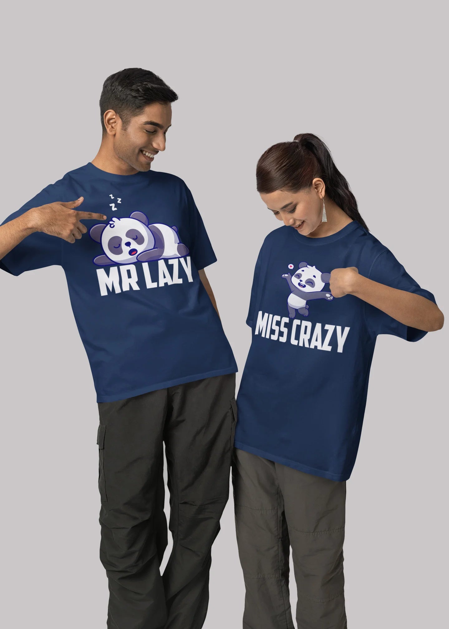 Mr Lazy And Miss Crazy Printed Couple T-shirt