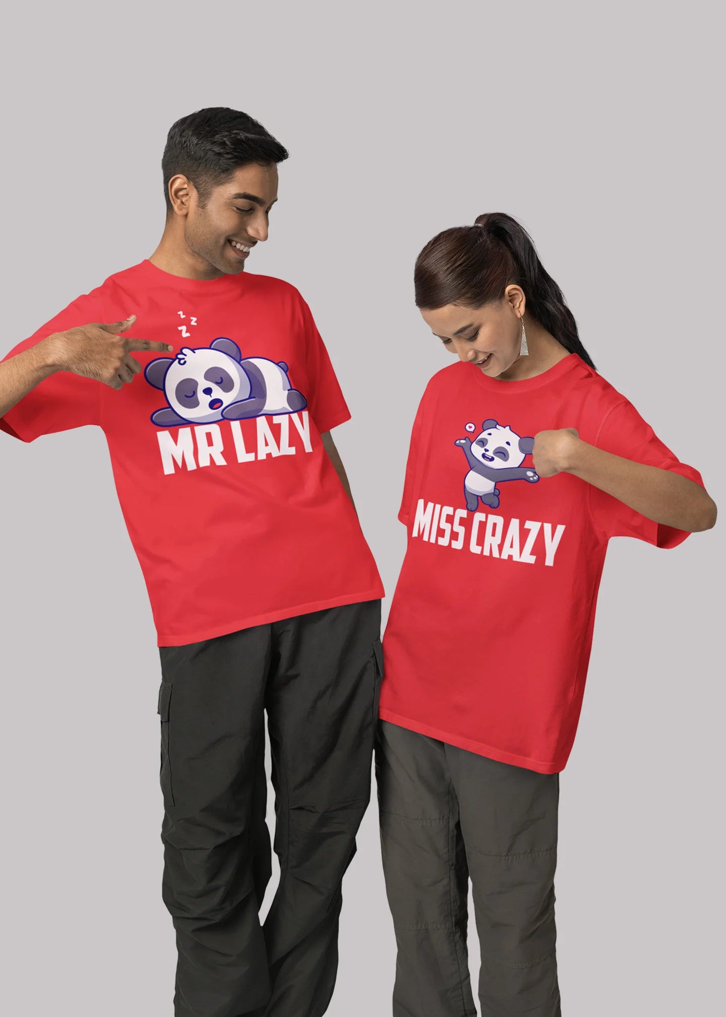 Mr Lazy And Miss Crazy Printed Couple T-shirt
