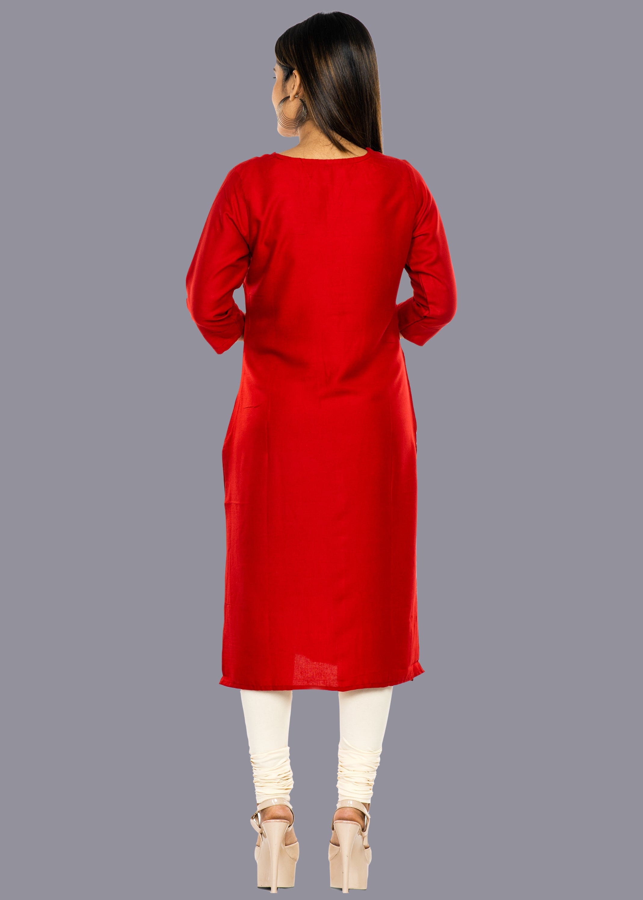 Solid 3/4th Sleeve Premium Rayon Kurta For Women - Red