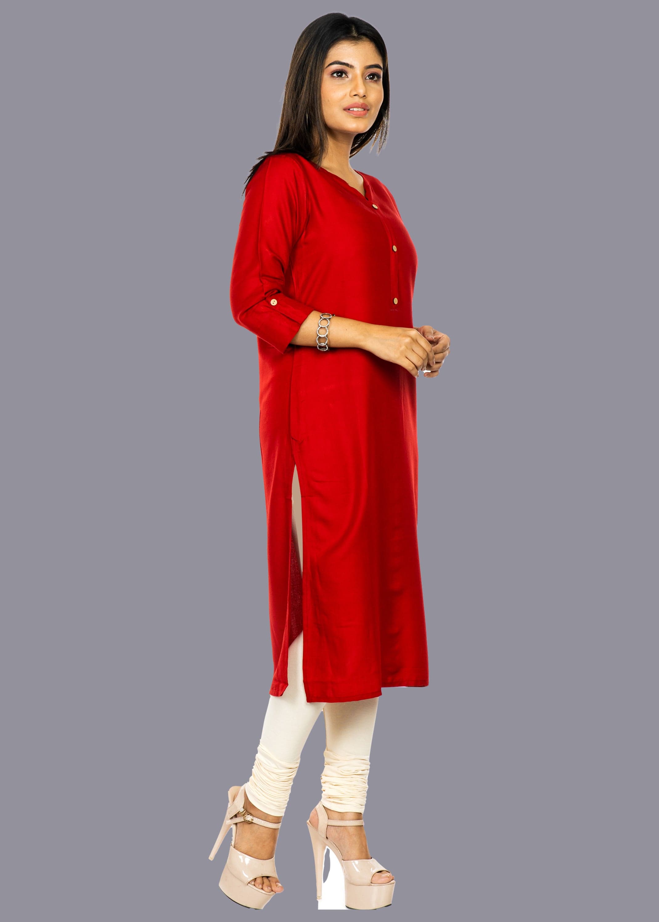 Solid 3/4th Sleeve Premium Rayon Kurta For Women - Red