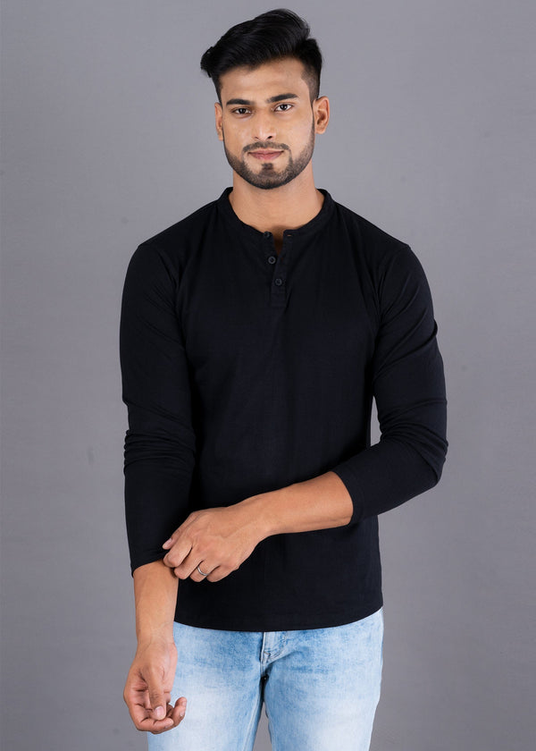 Solid Full Sleeve Premium Cotton Henley T-shirt For Men - Black