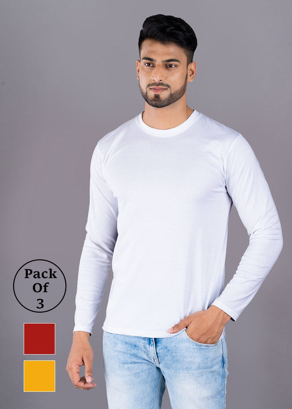 Solid Full Sleeve Premium Cotton T-Shirt For Men - Pack Of 3