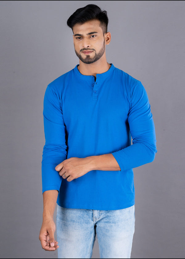 Solid Full Sleeve Premium Cotton Henley T-shirt For Men - Blue