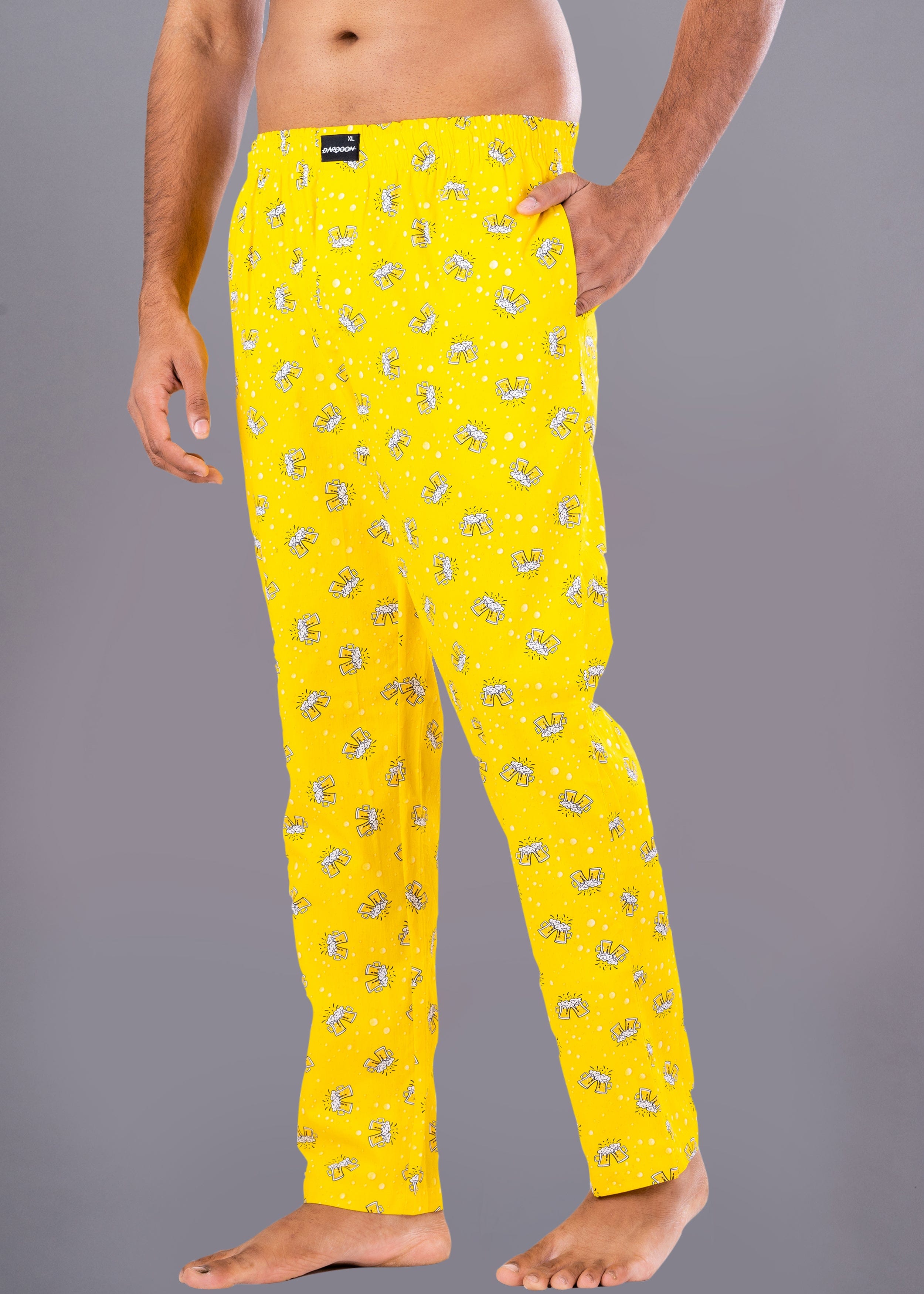 Beer Printed Yellow Cotton Pyjama For Men