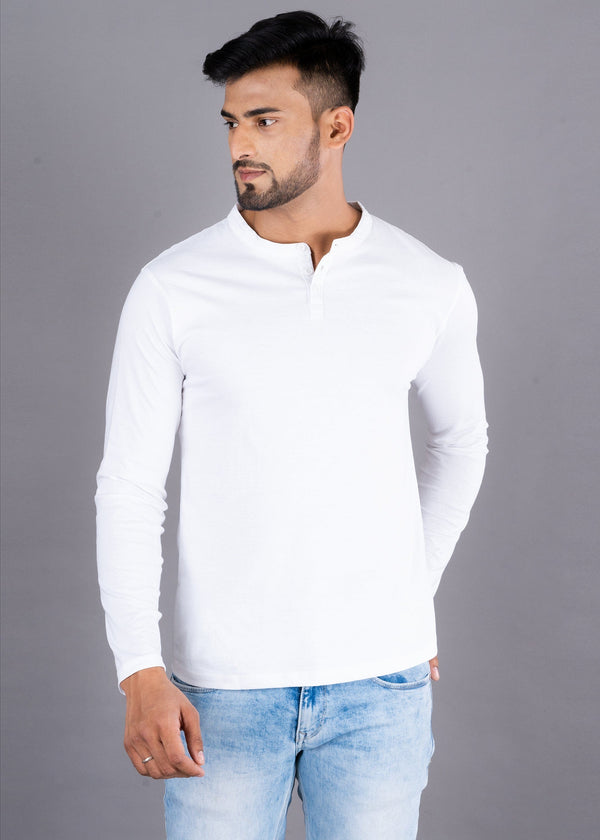 Solid Full Sleeve Premium Cotton Henley T-shirt For Men - White