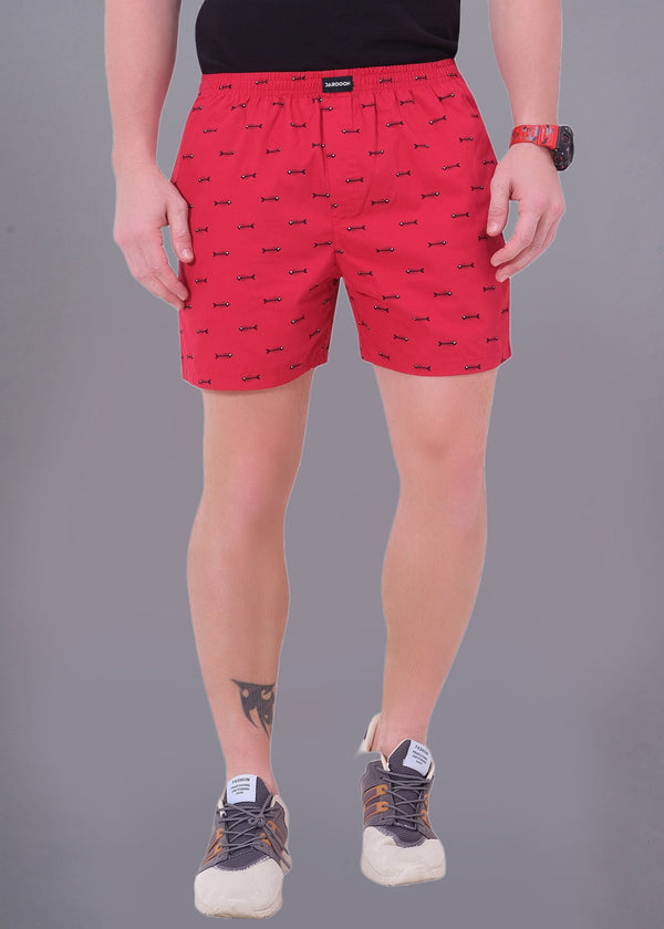 Fish Printed Red Cotton Boxer For Men