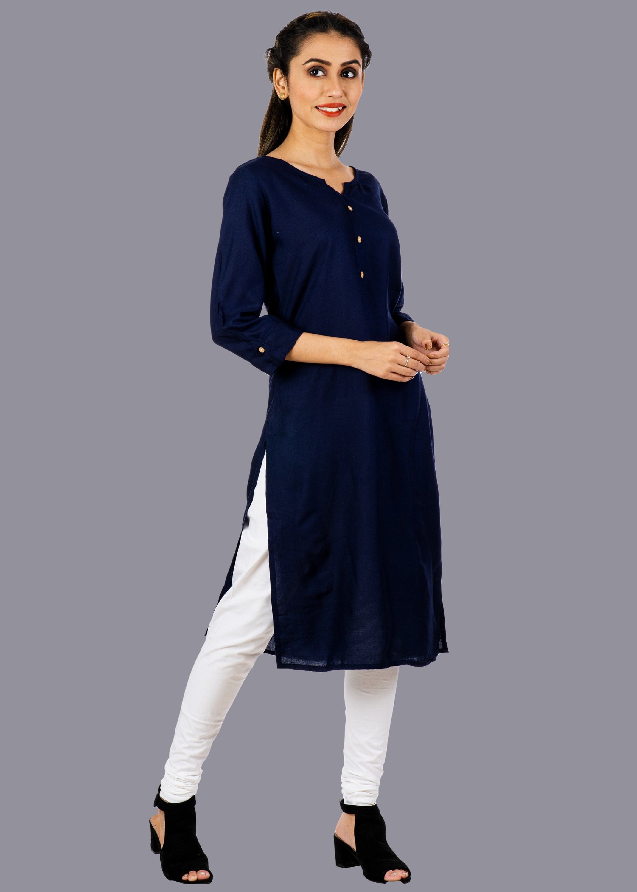 Solid 3/4th Sleeve Premium Rayon Kurta For Women - Navy Blue
