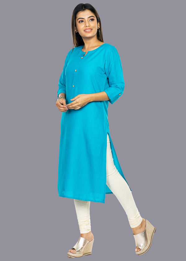 Solid 3/4th Sleeve Premium Rayon Kurta For Women - Blue