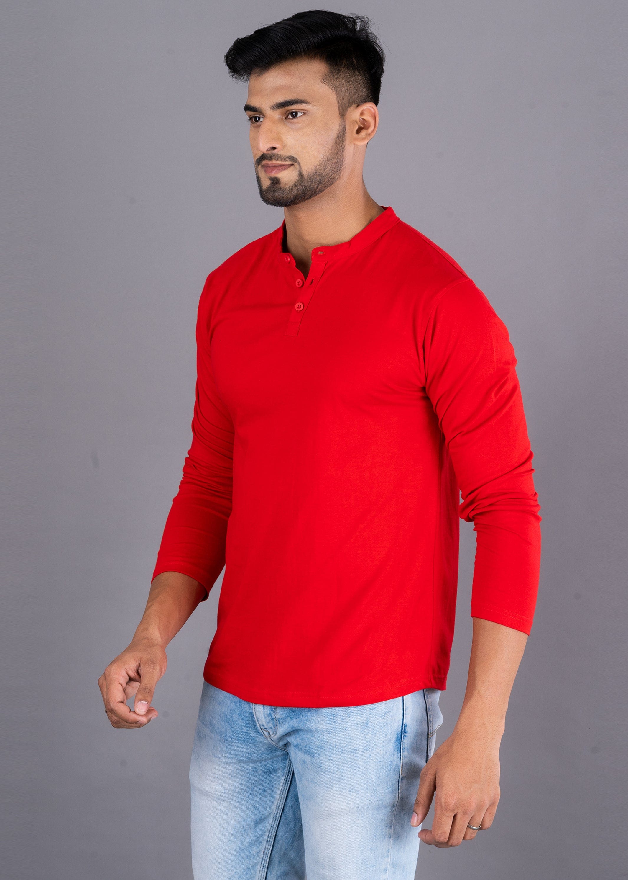 Solid Full Sleeve Premium Cotton Henley T-shirt For Men - Red