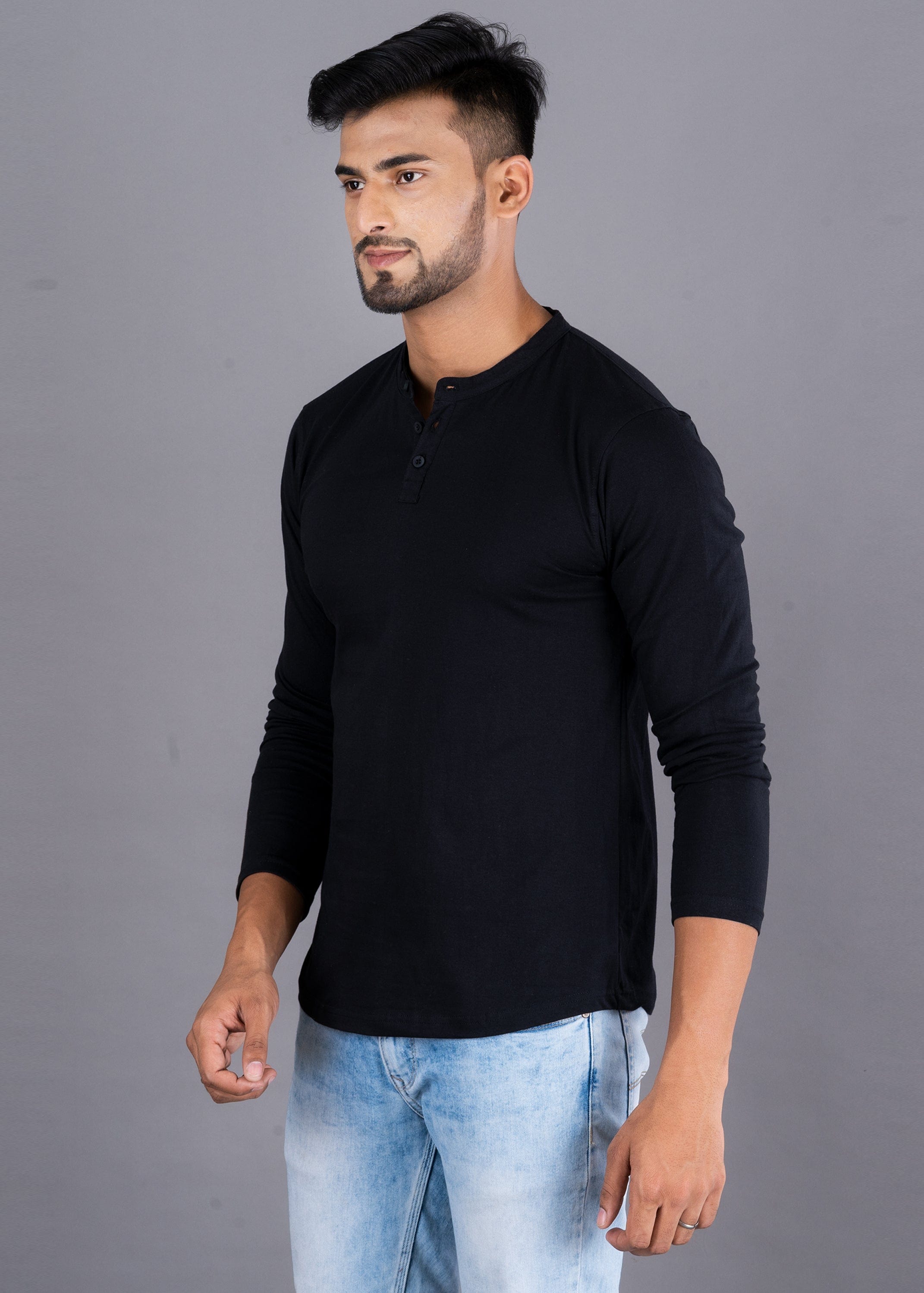 Solid Full Sleeve Premium Cotton Henley T-shirt For Men - Black