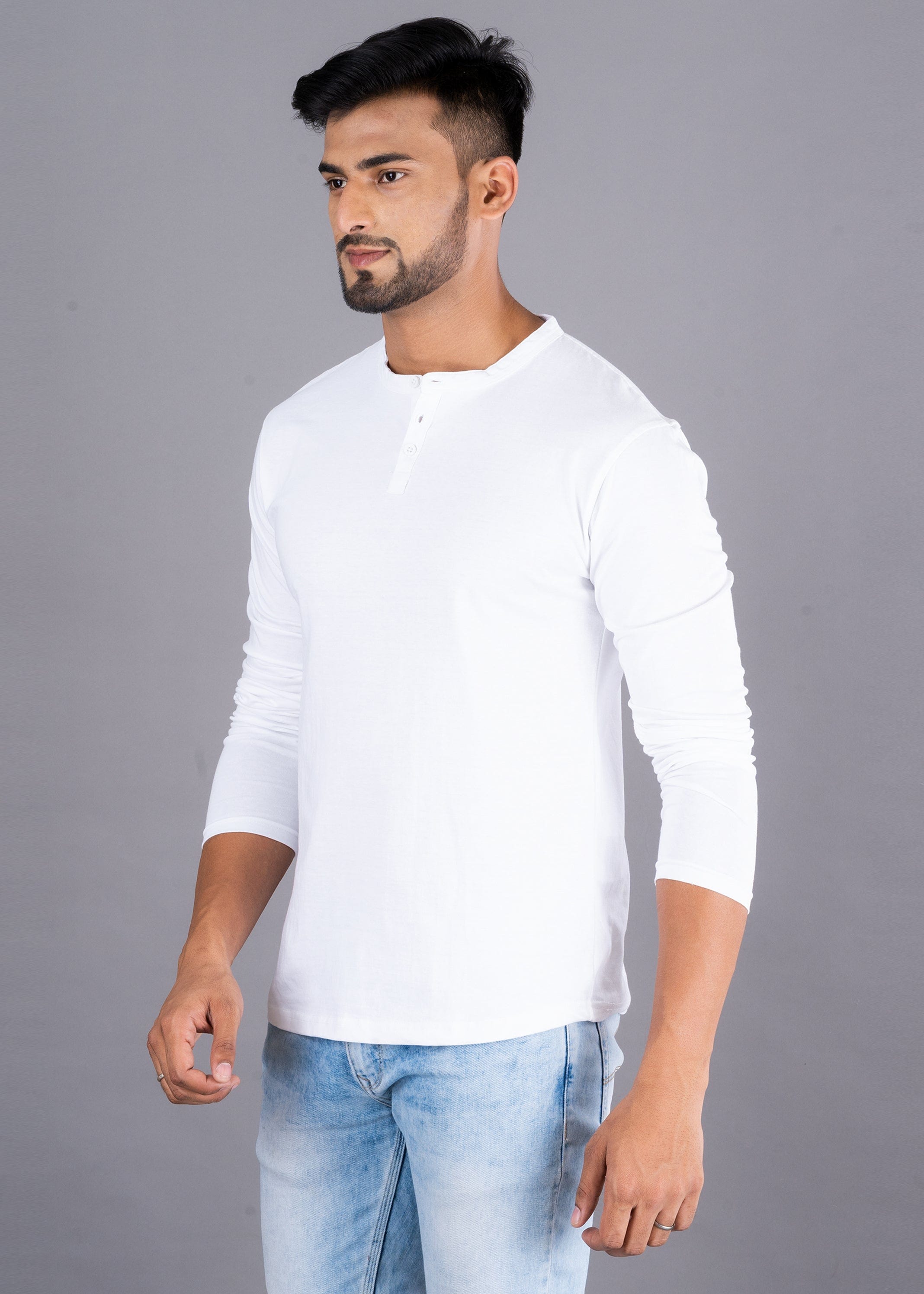 Solid Full Sleeve Premium Cotton Henley T-shirt For Men - White