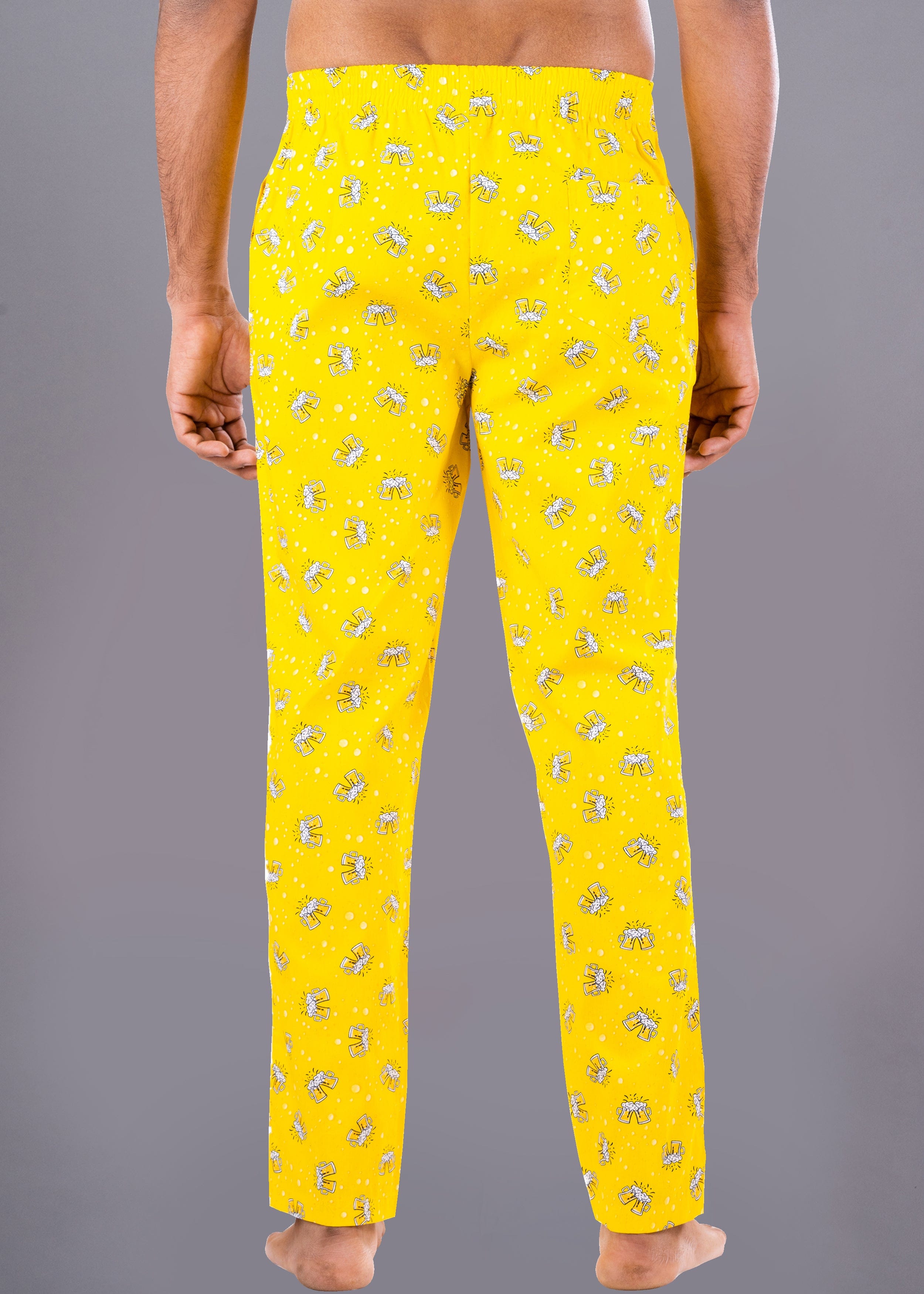 Beer Printed Yellow Cotton Pyjama For Men