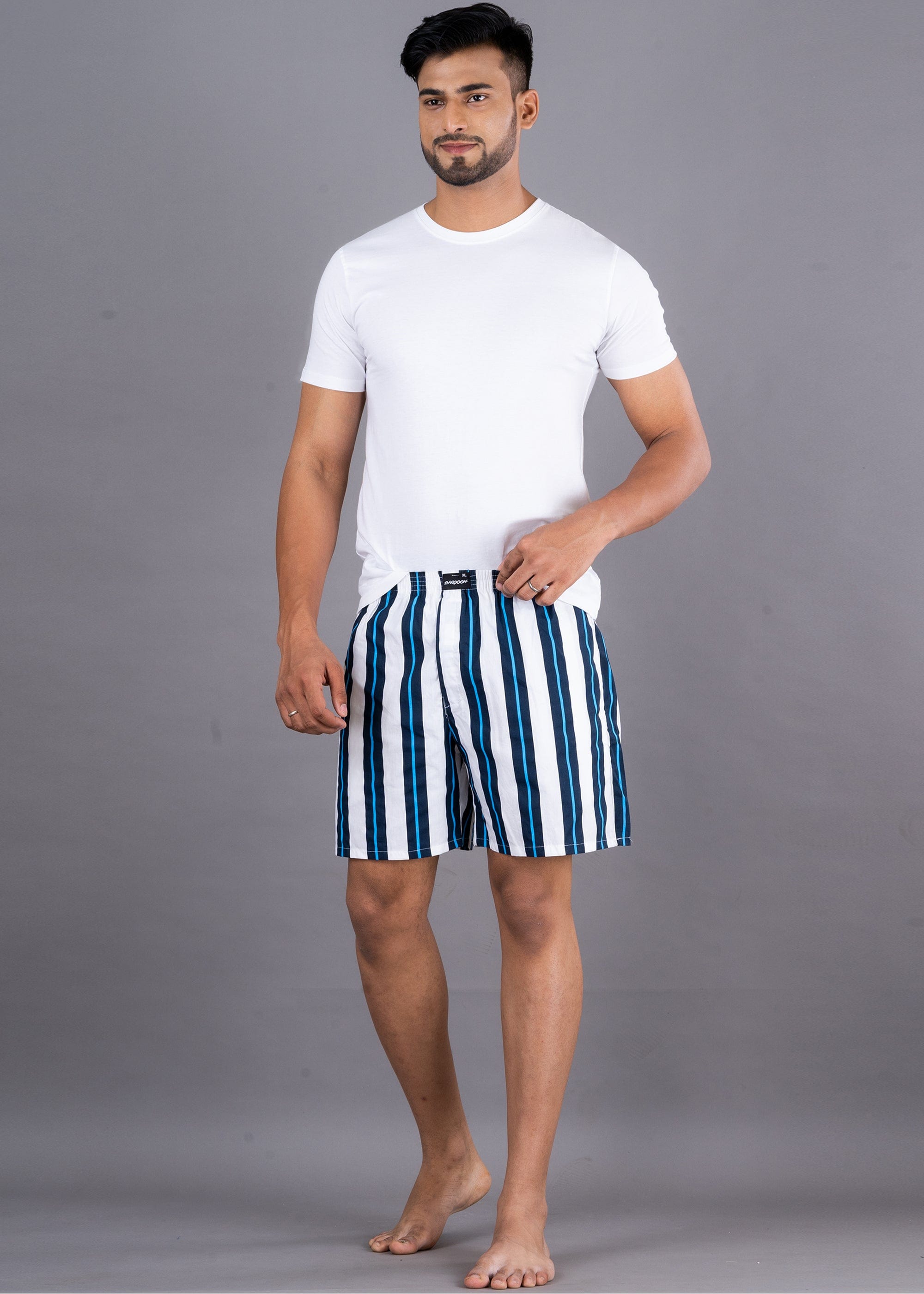 Dual Stripe Printed White Cotton Boxer For Men