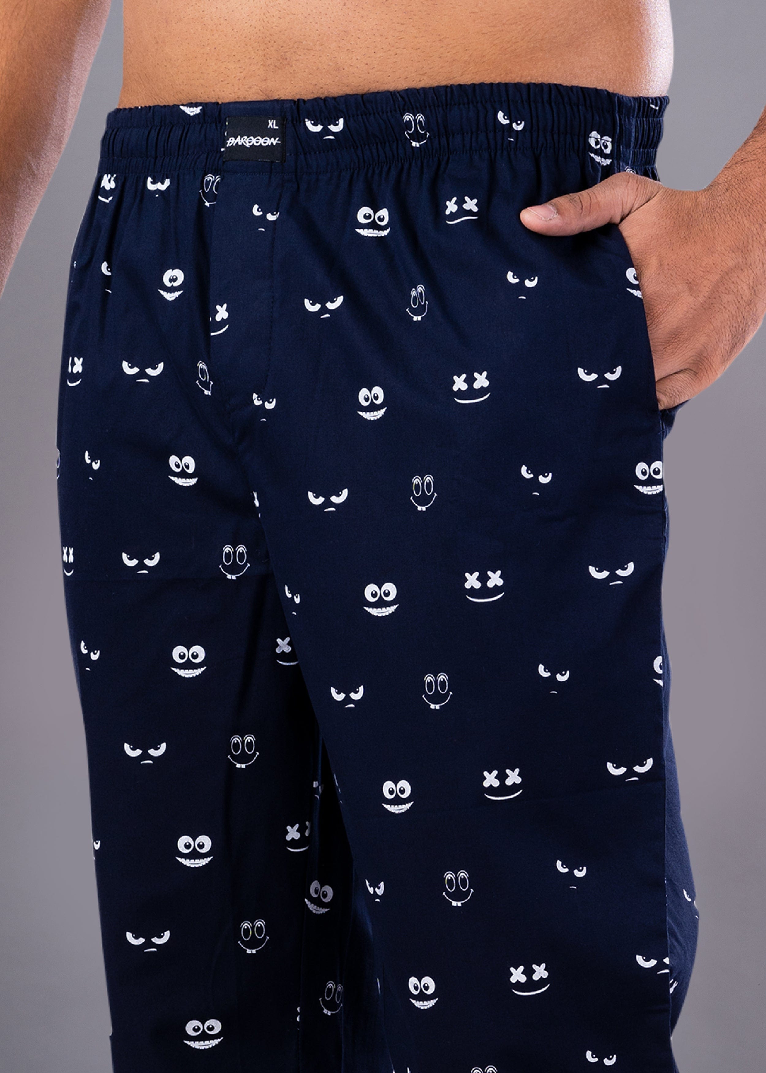 Cartoon Face Printed Navy Blue Cotton Pyjama For Men