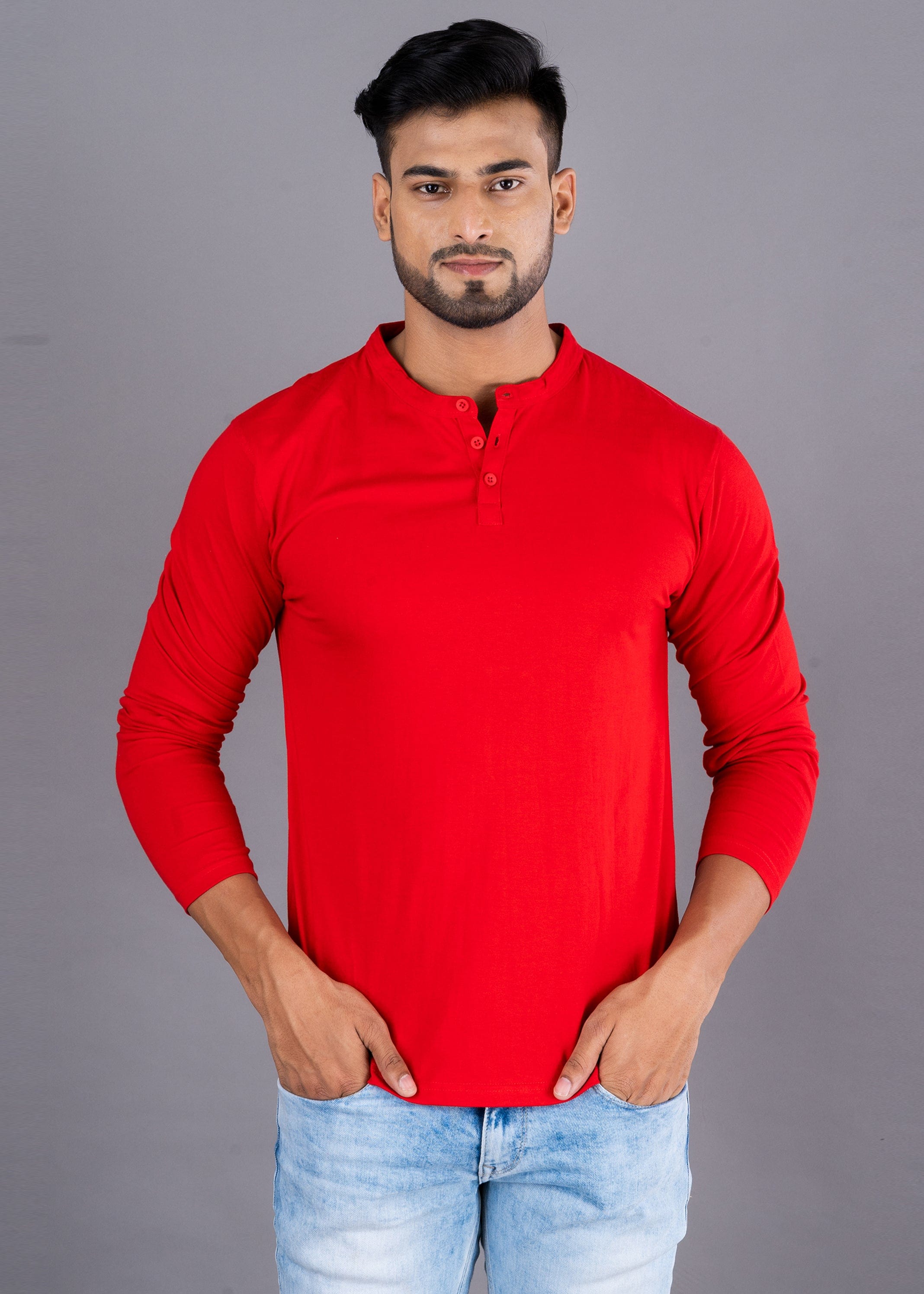 Solid Full Sleeve Premium Cotton Henley T-shirt For Men - Red