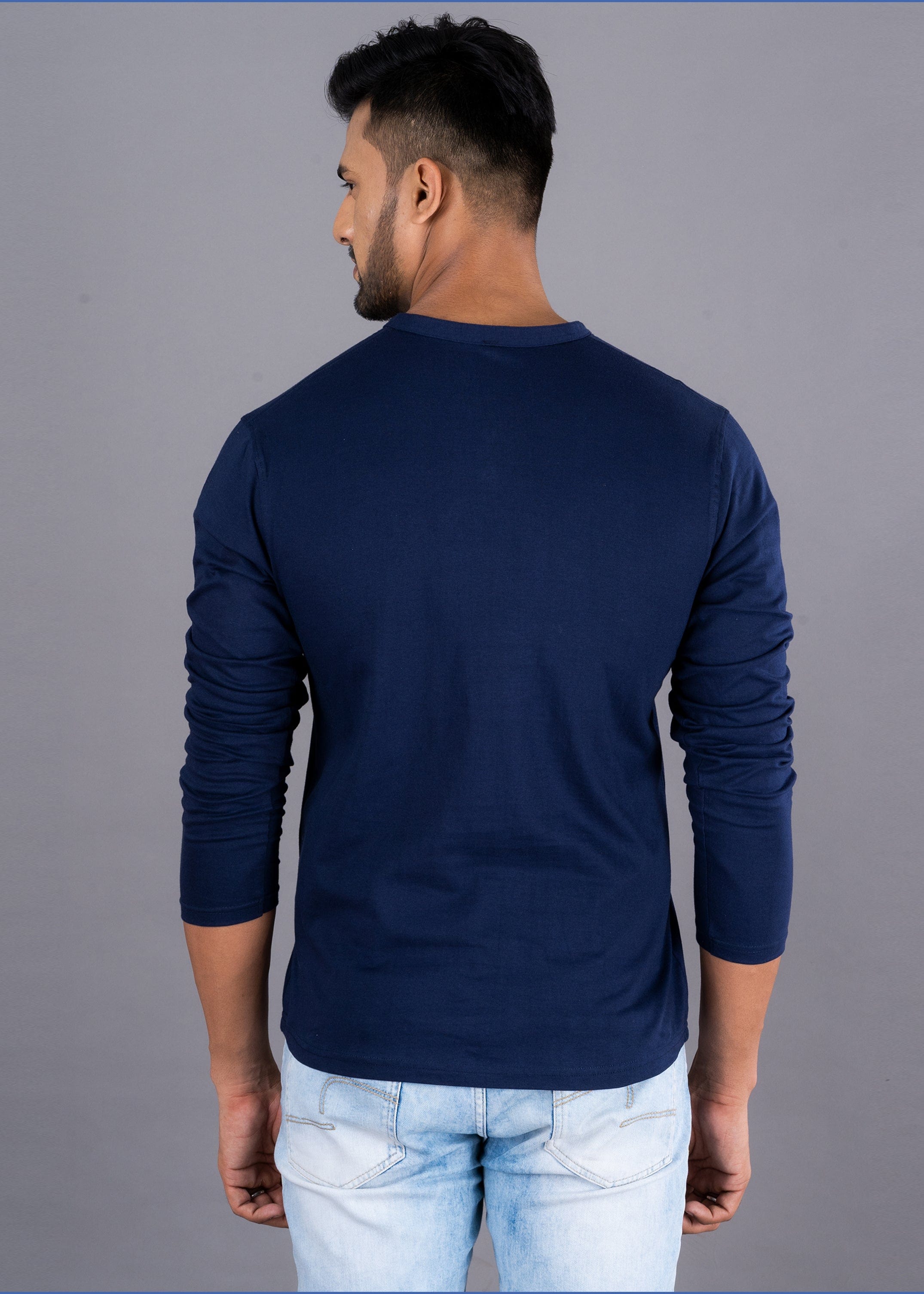 Solid Full Sleeve Premium Cotton Henley T-shirt For Men - Navy Blue