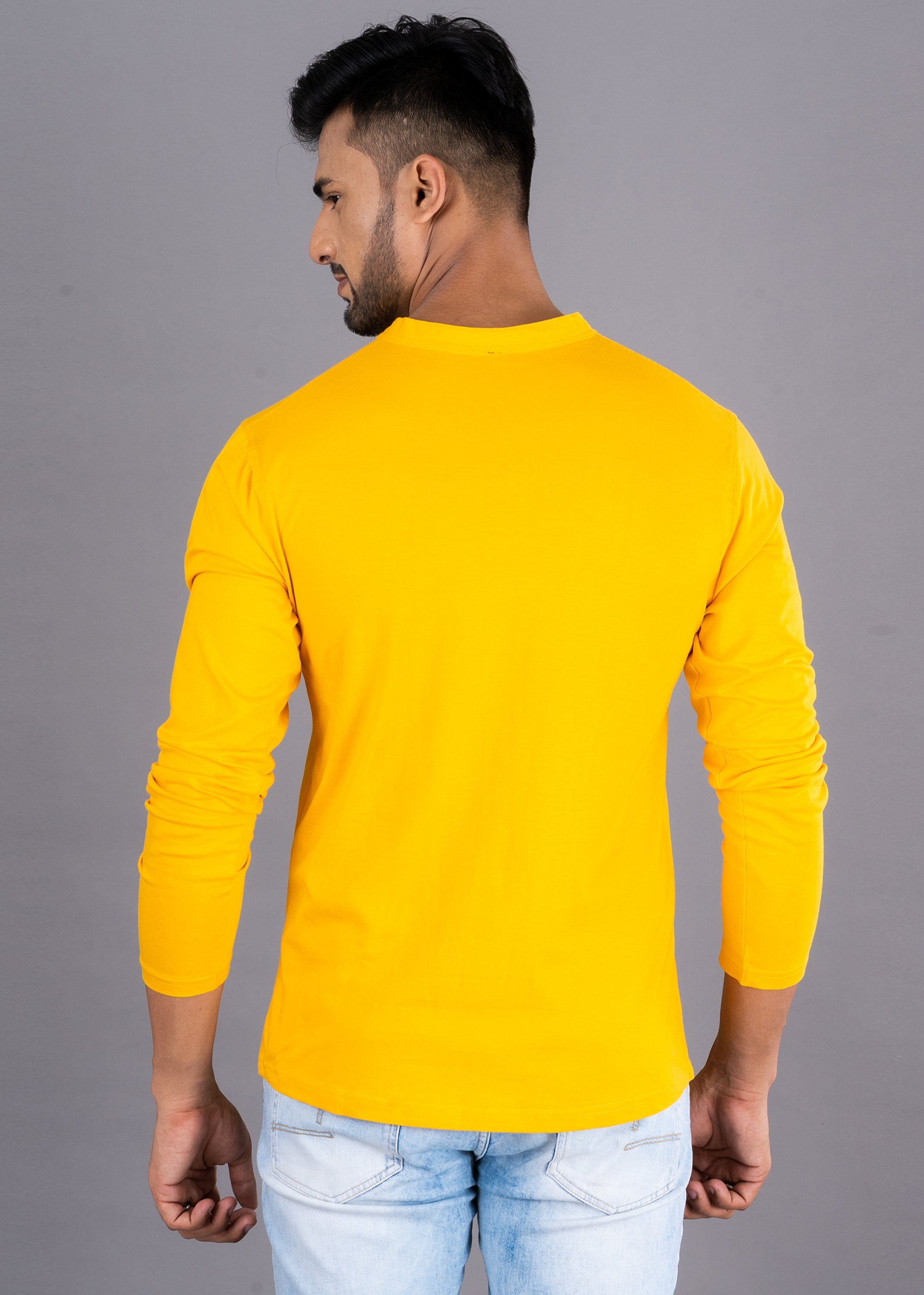 Solid Full Sleeve Premium Cotton Henley T-shirt For Men - Yellow