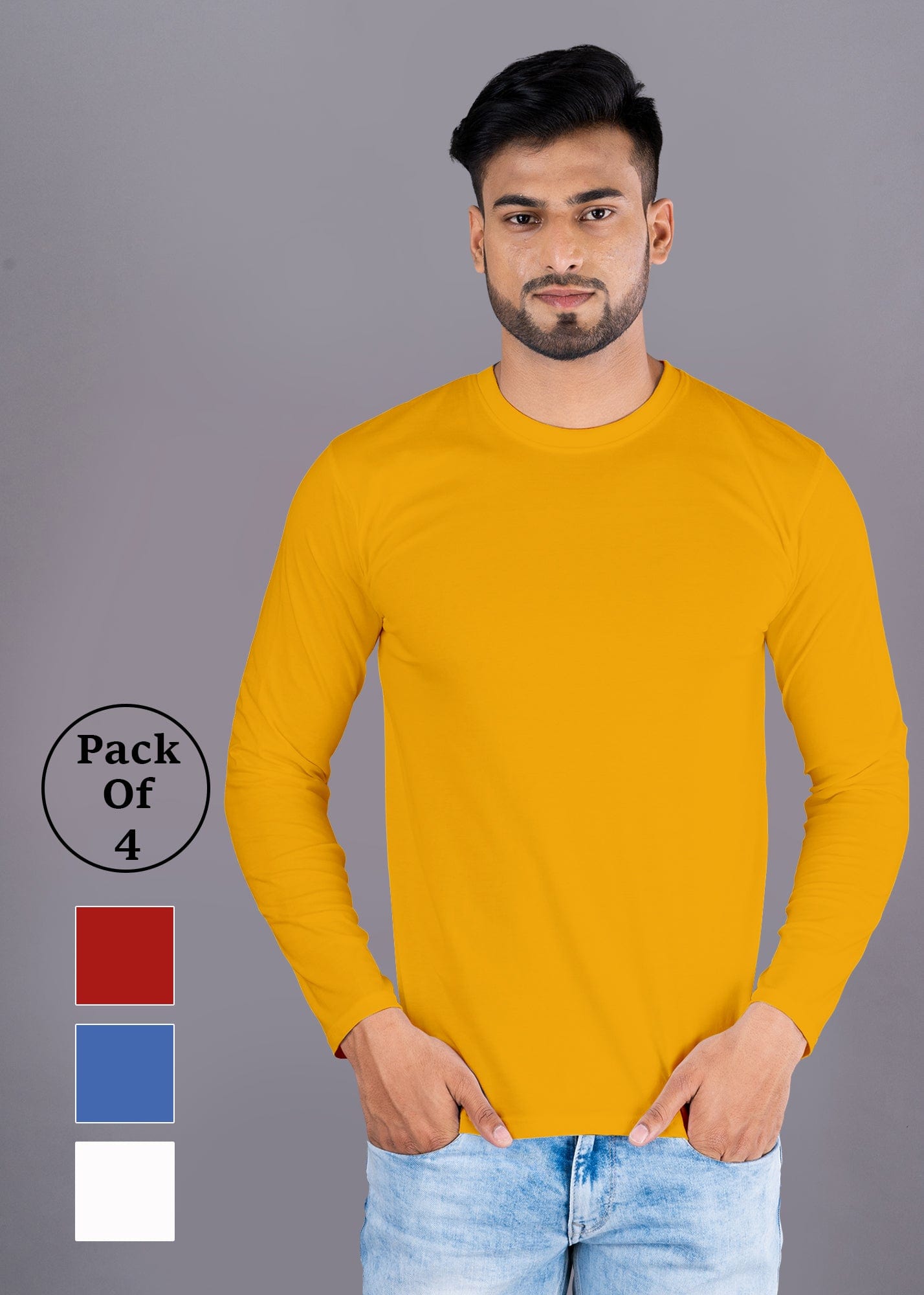 Solid Full Sleeve Premium Cotton T-Shirt For Men - Pack Of 4
