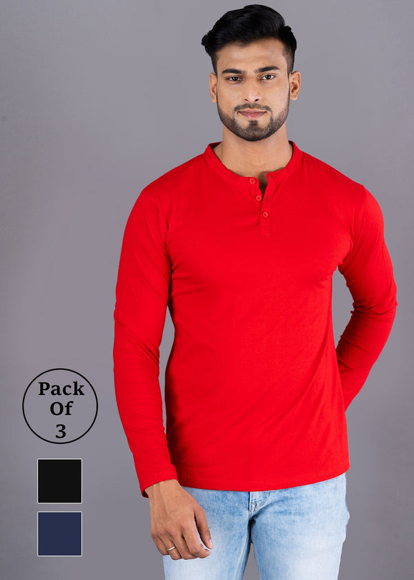 Solid Full Sleeve Premium Cotton Henley T-shirt For Men - Pack Of 3