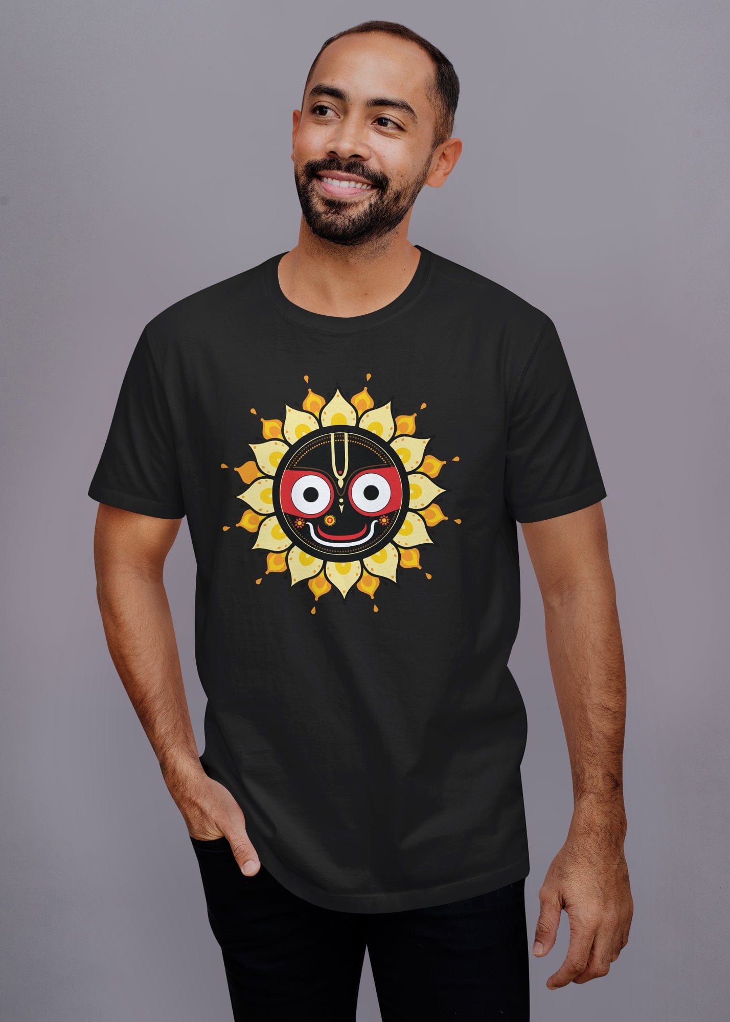 Jagannath Yellow Printed Half Sleeve Premium Cotton T-shirt For Men