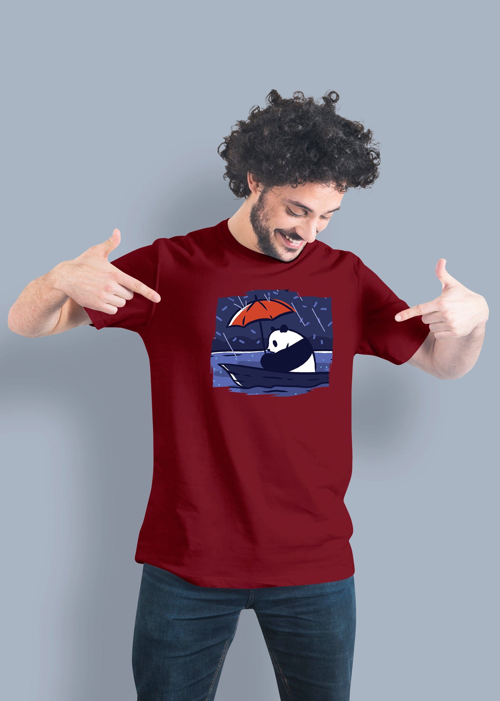 Panda Under Rain Printed Half Sleeve Premium Cotton T-shirt For Men
