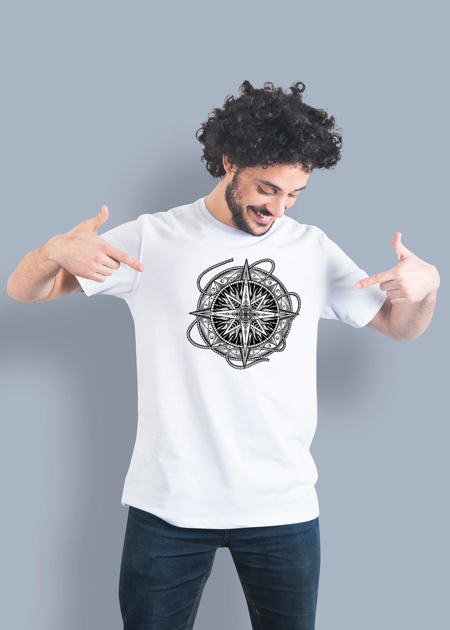 Hand Drawn Compass Printed Half Sleeve Premium Cotton T-shirt For Men