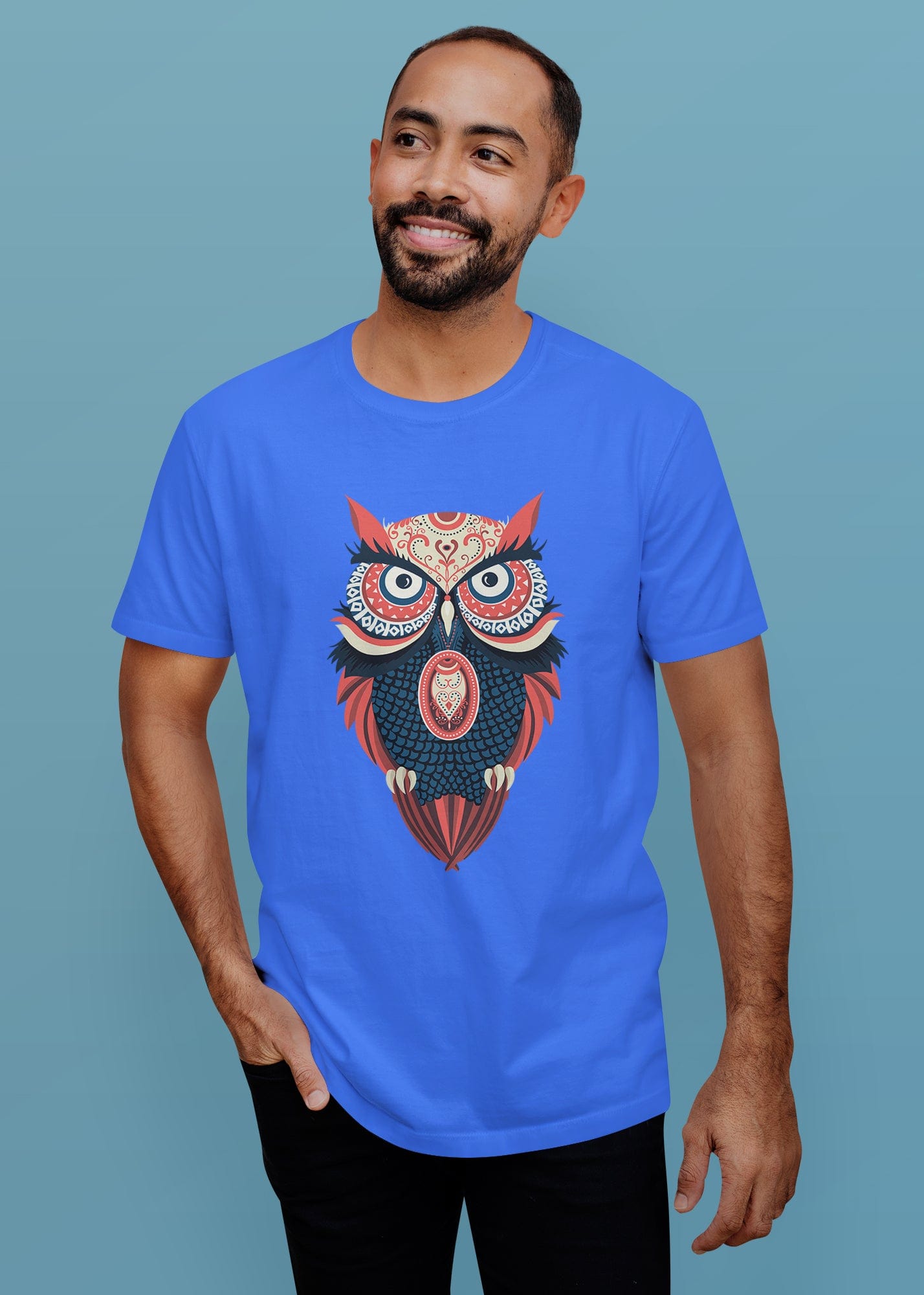 Colourful Owl Printed Half Sleeve Premium Cotton T-shirt For Men