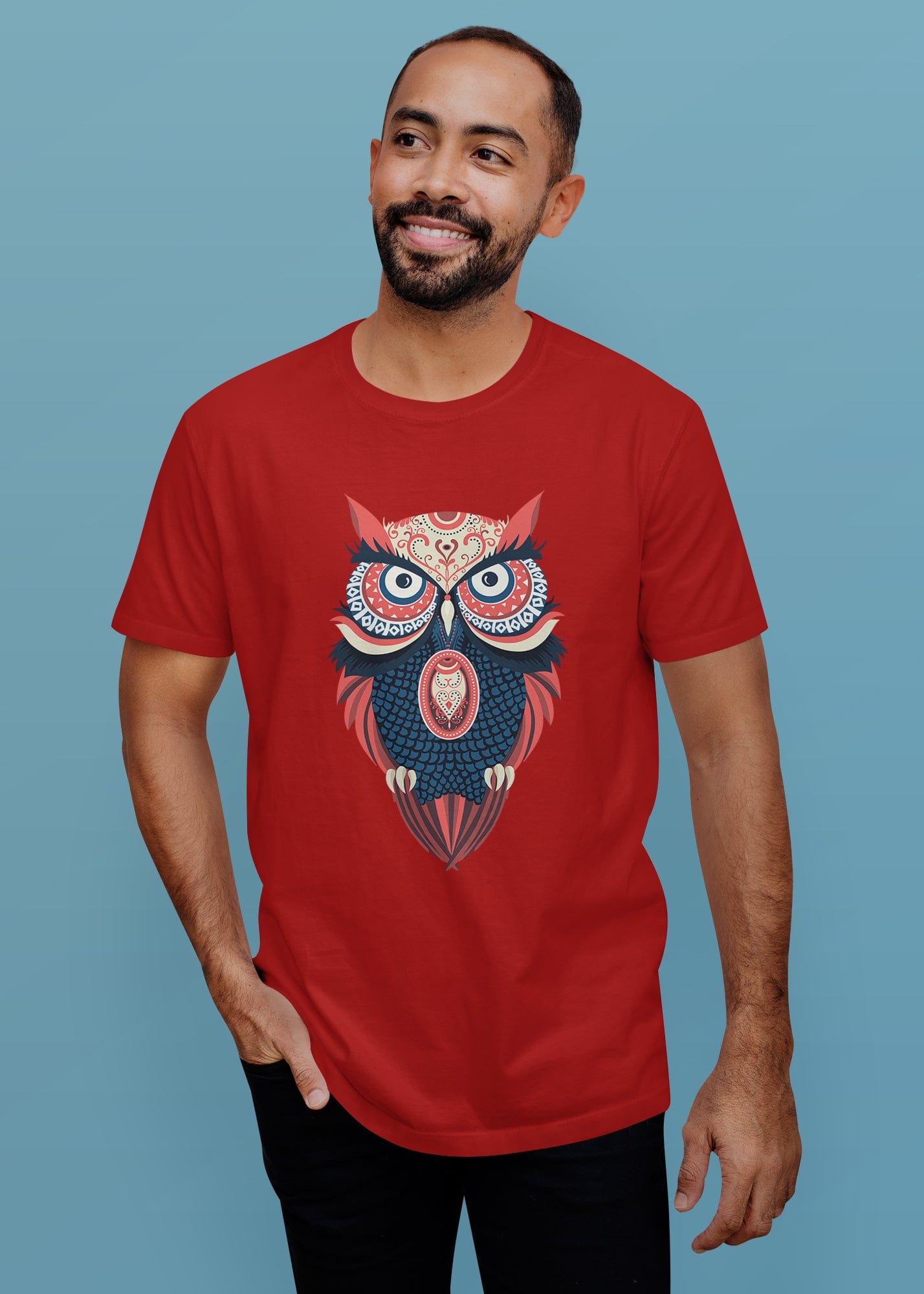 Colourful Owl Printed Half Sleeve Premium Cotton T-shirt For Men